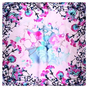 Pink pastoral floral square silk scarf with vine patterns in a flat lay display