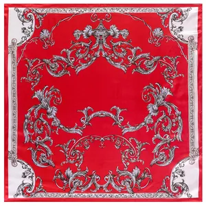 Red 90x90cm square silk scarf featuring vintage baroque patterns and floral motifs