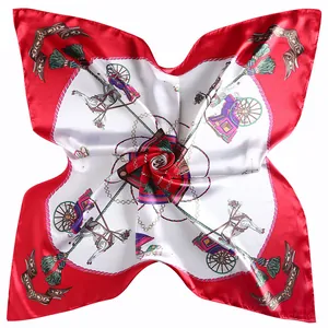 Classic red and ivory square silk scarf with vintage horse carriage and tassel patterns