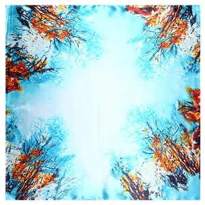 Artistic oil painting silk square scarf with light blue branches and orange leaf patterns