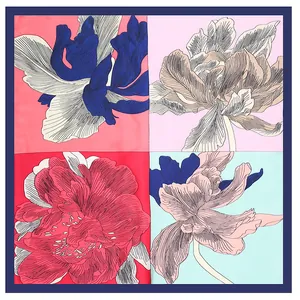 Square silk scarf with floral four-grid design and elegant hand-painted flower patterns