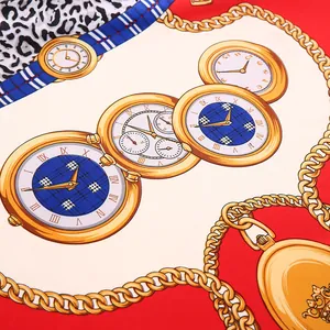 Macro detail of silk scarf featuring retro gold watches, chains and leopard patterns