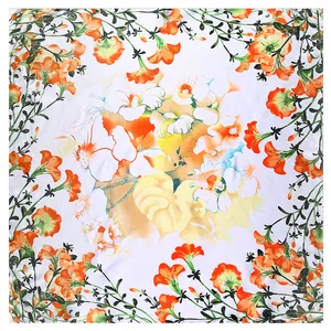 60cm Square floral silk scarf with elegant orange and yellow morning glory patterns