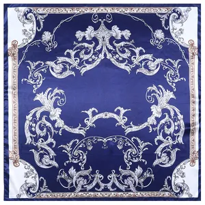 Deep blue 90x90cm silk scarf with silver Baroque floral and vine patterns