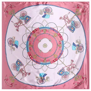 Elegant 90cm square silk scarf with vintage horse carriage and tassel equestrian patterns