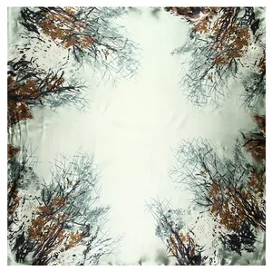 Green silk square scarf with artistic hand-painted tree branch print 60x60cm