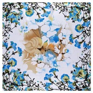 Floral print satin square scarf with elegant blue and yellow flowers on white background