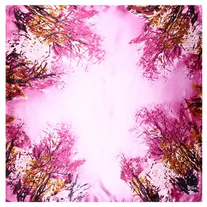 Pink satin square scarf 60cm with artistic oil painting tree branches pattern