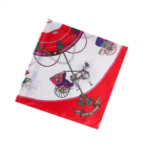 Close-up of vintage carriage and green tassel pattern on silk square scarf