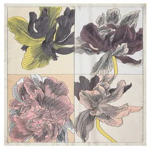 Square silk scarf with four-quadrant floral pattern and elegant glossy finish
