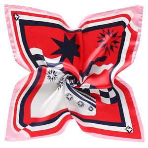 53cm square silk scarf with geometric nautical patterns and red-white-navy satin gloss