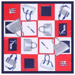 Silk-like square scarf 53cm featuring red checkered print with handbag and lipstick patterns