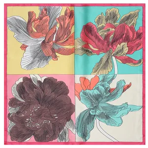 Floral print square silk scarf with four-panel color-block design and pink hem