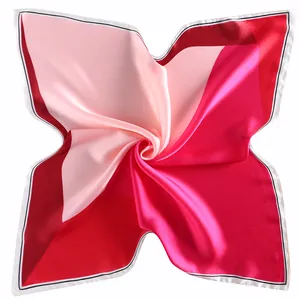 Satin square silk scarf 53cm with pink and red geometric blocks and black border