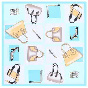 Silk-feel square scarf 53x53cm with fashion handbag and lipstick print on blue check pattern