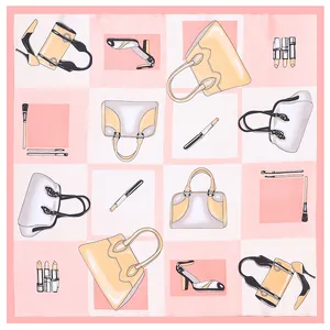 Silk-like square scarf featuring chic handbag and high heel illustrations in pink and yellow