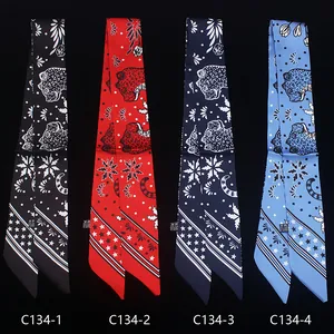 Elegant leopard print silk scarf skinny twilly ties for handbags and hair in four colors