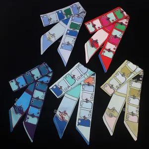Dames Elegante Satijnen Twilly Sjaal Geometrische Bit-Print Multifunctioneel Handtas Handvat Lint Mode Halssjaal