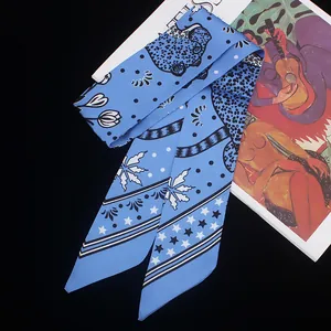 Blue leopard print silk scarf with stars and flowers for handbags or hair decoration