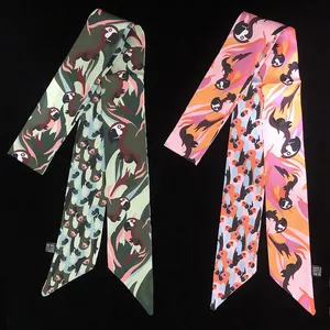 Tropical parrot print 120cm twilly silk scarf for bag handles in green and orange tones