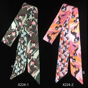 120cm narrow silk twilly scarf with parrot animal prints and striped patterns for handbags