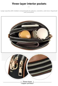 Detailed view of women's three-layer crossbody bag showing spacious compartments and zippers