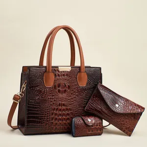 Driedelige dames handtassenset met krokodillenpatroon, shopper, enveloptas en mini-portemonnee