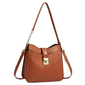 Brown woven PU leather crossbody bag with golden twist lock and chain strap