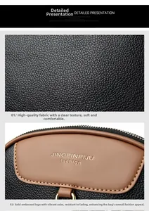 Close-up of black litchi grain leather texture and gold logo on the trendy crossbody bag