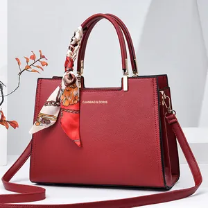 Women Elegant PU Leather Lychee Pattern Top Handle Bag With Satin Scarf Crossbody Shoulder Bag For Wedding Party Daily