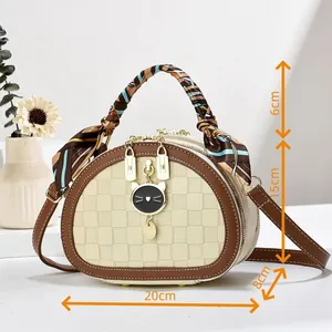 Detailed dimensions of cream checkered handbag with silk scarf and cat charm