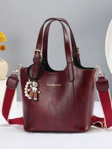 Vintage PU Leather Handbag For Women With Wide Strap Doll Charm Rhomboid Pattern Crossbody Bag Daily Shoulder Bag