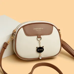 Women Litchi Grain PU Leather Crossbody Bag Cat Charm Mini Round Shoulder Bag Triple Zipper Mobile Phone Bag Gift