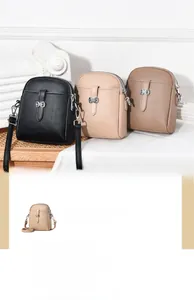 Three lychee grain crossbody phone bags in black, beige, and brown with bow details