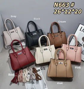 Litchi texture trapezoid handbag set in seven colors with metal twist lock and straps