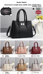 Litchi pattern faux leather handbag showing 26cm size specs and 7 color options