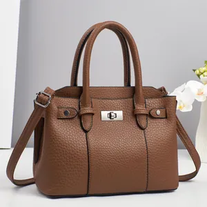 Classic lychee pattern tote bag in caramel brown with silver metal lock and top handles