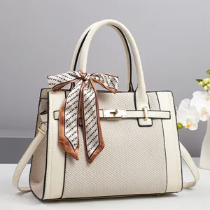 Fashionable beige woven tote bag with smooth leather patchwork and H-print silk scarf