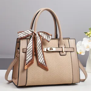 Fashionable beige patchwork tote bag with gold lock and H-print silk scarf accessory