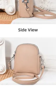 Side view detail of beige litchi grain leather crossbody bag with silver zipper closure
