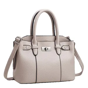 Elegant beige lychee texture leather handbag with silver lock and detachable shoulder strap