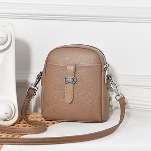 Women Litchi Pattern PU Leather Mini Crossbody Phone Bag Dual Zipper Small Shoulder Bag With Metal Buckle Adjustable Strap