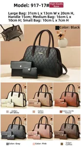 Three-piece handbag set featuring quilted tote, clutch, and card holder in seven colors