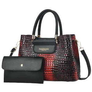 Black and red gradient embossed crocodile texture handbag set with matching wallet clutch