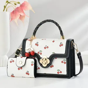 Fashion Cherry Print PU Leather Handbag And Wallet Set For Women Sweet Retro Shoulder Crossbody Bag With Flower Lock