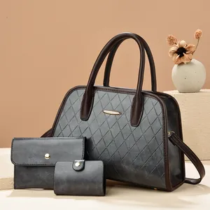 Three-piece retro tote bag set including wallet and card holder with quilted texture