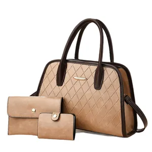 Khaki quilted leather tote bag with matching wallet and card holder 3-piece set