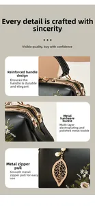 Detail of floral embroidery, golden hardware clasps, and pearl pendant zipper on black bag