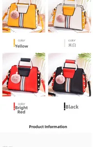 Detail view of stylish color-block crossbody bags in yellow, beige, red, and black with pom-poms