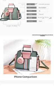 Detail view of pink and dark green contrast crossbody bag with pearl studs and pompom